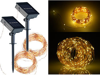 Lunartec 2er-Set Solar-Lichterkette aus Kupferdraht, 200 warmweiße LEDs, 8 Modi