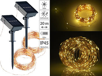 Kupfer Lichterkette: Lunartec 2er-Set Solar-Lichterkette aus Kupferdraht, 200 warmweiße LEDs, 8 Modi