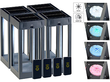 Solar-LED-Gartenlaterne: Lunartec 4er-Set Outdoor-Solar-Laterne, RGB+W-LEDs, Fernbedienung, 80 lm, 1 W