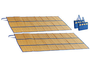 kompakte Strandmatte: PEARL 2er-Set faltbare Bast-Strandmatten mit Tragegriffen, 180 x 90 cm