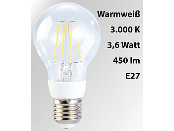 Luminea LED-Filament-Birne, 3,6 W, E27, warmweiß, 3000 K, 450 lm, 360°