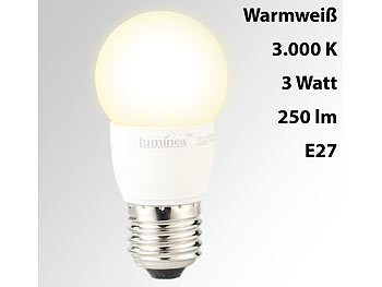 Luminea LED-Tropfen, E27, 3 W, 250 lm, 160°, 3.000 K, warmweiß