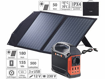 Solarpanel Powerbank: revolt Powerstation & Solar-Generator mit faltbarem 50-W-Solarpanel, 155 Wh
