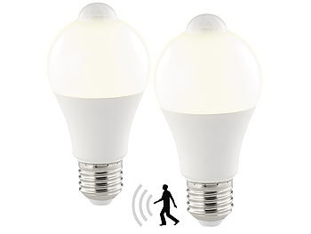 E27 Bewegungsmelder: Luminea 2er-Set LED-Lampe, PIR-Sensor, 10 W, E27, warmweiß, 3000 K, 1.055 lm