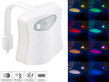 Toilettenbeleuchtung: Lunartec LED-Toilettenlicht mit Licht- und Bewegungssensor, 2 Modi, 16 Farben