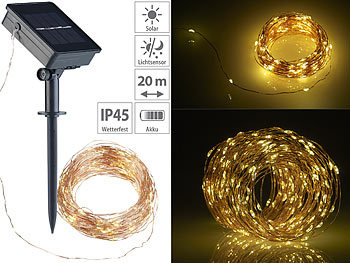 Lunartec 2er-Set Solar-Lichterkette aus Kupferdraht, 200 warmweiße LEDs, 8 Modi