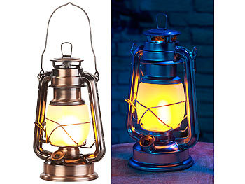 Petroleumlampe LED: Lunartec LED-Sturmlaterne mit Flammen-Effekt, 25 cm Höhe, bronzefarben
