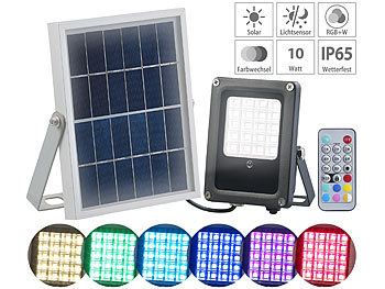Solar Strahler RGB: Luminea Solar-LED-Fluter für außen, RGBW, 10 Watt, mit Fernbedienung & Timer