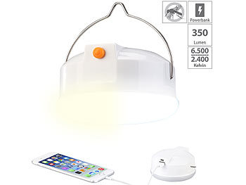 LED Hängelampe: Lunartec 3in1-LED-Campingleuchte mit Anti-Mücken-Funktion & Powerbank, 6.000 mA