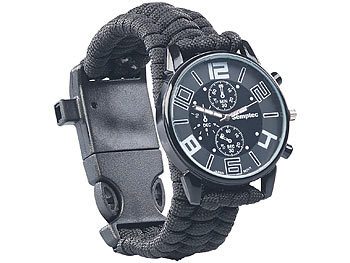 Survival Uhr mit Kompass: Semptec 5in1-Armbanduhr mit Paracordband, Feuerstahl, Kompass, Notfallpfeife