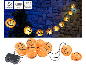 Halloween-Dekoration: PEARL LED-Lichterkette mit 10 Lampions im Halloween-Kürbis-Look, Timer, IP44