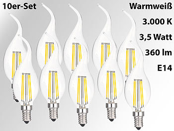 Luminea LED-Filament-Kerze, Ba35, E14, 3,5W, 360lm,270°,3000K,10er-Set