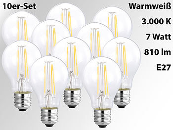 Luminea LED-Filament-Birne, A60, E27, 7W, 810lm, 270°, 3000 K,10er-Set
