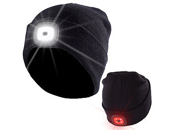 Mütze mit LED: Lunartec Schwarze Strickmütze mit weißen (vorne) & roten (hinten) LEDs