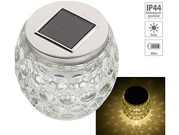 Tischlicht LED: Lunartec Solar-LED-Windlicht aus Glas, mit tollem Lichtmuster, IP44, Ø 10 cm
