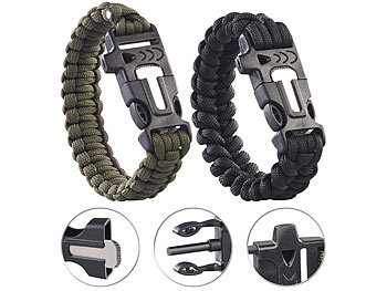 Outdoor Armband: Semptec 2er-Set Survival-Armbänder mit Seil, Pfeife, Feuerstahl und Messer