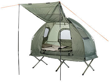 Liege mit Zelt: Semptec 4in1-Zelt mit Feldbett, Winter-Schlafsack, Matratze und Sonnenschutz