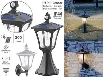 LED Leuchte: Royal Gardineer Solar-LED-Stand- & Wandlaterne, PIR-Sensor, Dämmerungssensor, 300 lm
