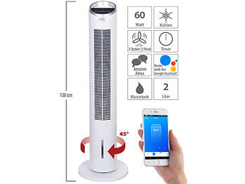 Turmluftkühler: Sichler 3in1-WLAN-Luftkühler mit App, für Siri, Alexa & Google Assistant, 60 W