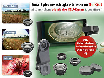 Somikon Smartphone-Echtglaslinsen-Set mit Weitwinkel, Fischauge, Makro