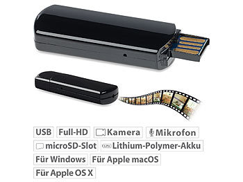 USB Stick Kamera: OctaCam Mini-Videokamera für Full-HD-Video (1080p), mit microSD-Kartenleser
