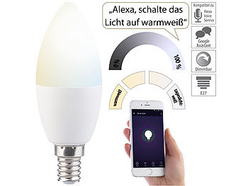 WiFi LED: Luminea Home Control WLAN-LED-Lampe, für Siri, Alexa & Google Assistant, E14, weiß (CCT), F