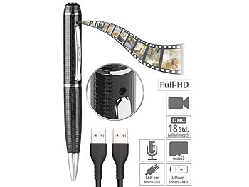 Kamera Kugelschreiber: Somikon Kugelschreiber-Videokamera mit Full HD, blauer Mine und Foto-Funktion
