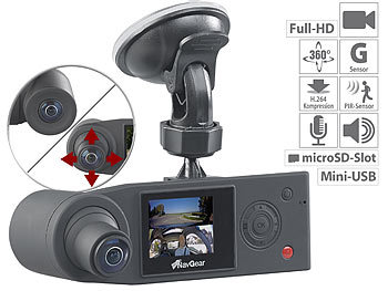 Kamera Auto: NavGear Full-HD-Dashcam mit 2 Kameras für 360°-Panorama-Sicht, G-Sensor