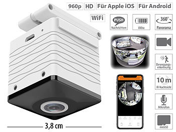 Kamera für Sicherheit durch Videoüberwachung, mit Bewegungsmelder Kabellose Ueberwachungskamera: 7links Mini-Akku-HD-Überwachungskamera mit 360°, 960p, Nachtsicht, WLAN, App