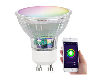 Luminea Home Control 2er-Set WLAN-RGB/CCT-Glas-Lampen, GU10, für Siri, Alexa & GA, 4,5 W