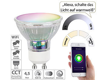 WLAN Lampe: Luminea Home Control WLAN-LED-Glas-Spot GU10 für Siri, Alexa, Google Assistant, RGB, CCT