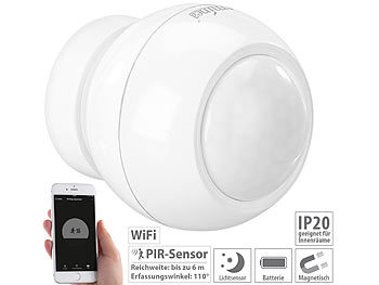 WiFi Bewegungsmelder: Luminea Home Control WLAN-PIR-Bewegungsmelder und Lichtsensor mit App für Benachrichtigung
