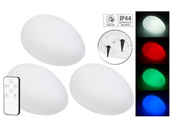 Leuchtsteine: Lunartec Solar-LED-Dekostein mit Fernbedienung, RGB+W, IP44, 3er-Set