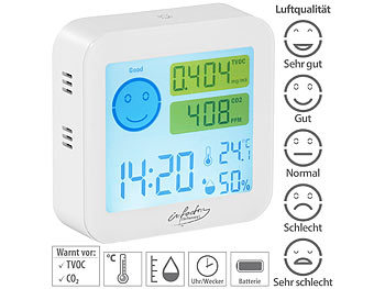 infactory 2er-Set TVOC- & CO2-Messgeräte mit Uhr, Temperatur, Luftfeuchtigkeit