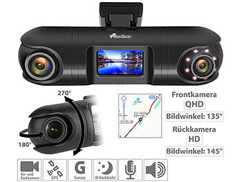 Daschcam: NavGear QHD-Dual-Dashcam mit 2 Kameras, G-Sensor, IR-Nachtsicht und GPS