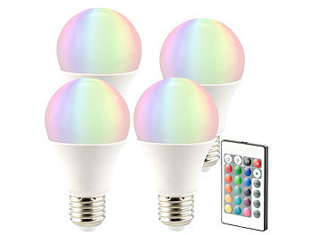Luminea LED-Lampe in RGB + Warmweiß, E27, 10 Watt, Fernbedienung, 4er-Set