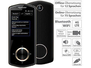 Offline Übersetzer: simvalley Mobile Mobiler Echtzeit-Sprachübersetzer, 75 Sprachen, mit Kamera, 4G & WLAN