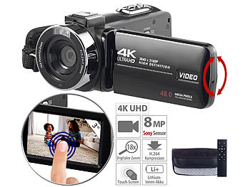 4K Videokamera: Somikon 4K-UHD-Camcorder mit Sony-Sensor; Touch-Display, HD mit 120 B./Sek.