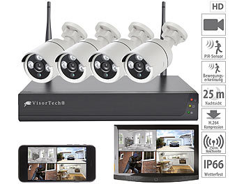 Videoüberwachung: VisorTech Funk-Überwachungssystem mit HDD-Rekorder & 4 Full-HD-IP-Kameras, App