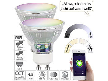LED dimmbar: Luminea Home Control 2er-Set WLAN-RGB/CCT-Glas-Lampen, GU10, für Siri, Alexa & GA, 4,5 W