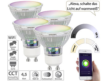LED-Glühbirne GU10: Luminea Home Control 4er-Set WLAN-RGB/CCT-Glas-Lampen, GU10, für Siri, Alexa & GA, 4,5 W