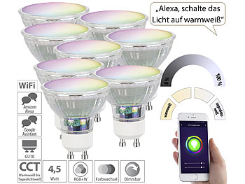 WLAN LED: Luminea Home Control 8er-Set WLAN-RGB/CCT-Glas-Lampe, GU10, für Siri, Alexa & GA, 4,5 W