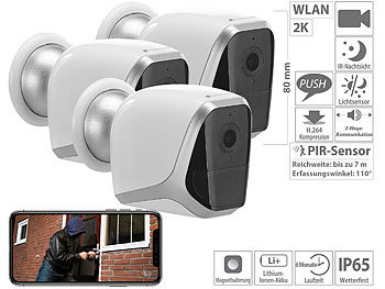 Überwachungskamera Akku: VisorTech 3er-Set 2K-WLAN-IP-Kamera mit Akku, App, 1 Jahr Stand-by, 3 MP, IP65