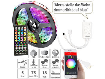 LED Glasbodenbeleuchtung: Luminea Home Control WLAN-RGB-LED-Streifen mit Sound-Steuerung, App, Sprachsteuerung, 5 m