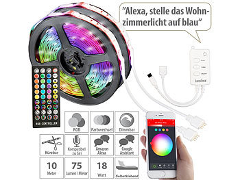 LED Bänder: Luminea Home Control WLAN-RGB-LED-Streifen mit Sound-Steuerung, App, Sprachsteuerung, 10 m