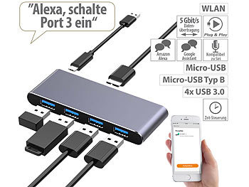 Funk USB Hub: Xystec WLAN-USB-3.0-Hub mit 4 einzeln schaltbaren Ports, App, Sprachsteuerung