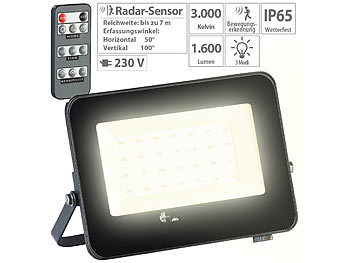 Radar Bewegungsmelder: Luminea LED-Fluter, Radar-Bewegungssensor, Fernbedienung, 1500 lm, 20 W, IP65