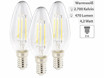 LED Lampe E14: Luminea 3er-Set LED-Filament-Kerzen, E14, E, 4,2 W, 470 Lumen, 345°, warmweiß