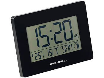 Funkwanduhr mit Datum: PEARL Funk-Wanduhr mit Jumbo-Uhrzeit, Temperatur- & Datums-Anzeige, schwarz