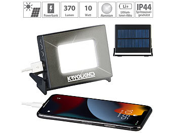 LED Akku Strahler: KryoLights 2in1-LED-Fluter und Powerbank, Solar-Panel, 10-Watt-COB-LED, 400 Lumen